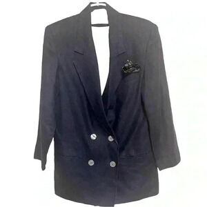 International Scene Blazer Womens Size 6 Navy Linen Vintage Double Breasted